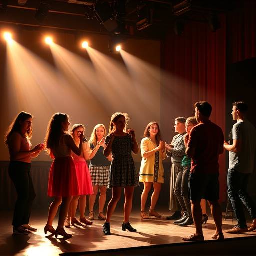 Groupe d'acteurs chantant et dansant pendant un cours de théâtre musical.