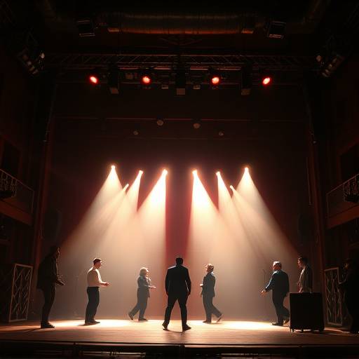 Groupe d'acteurs performant sur scène avec éclairage dramatique.