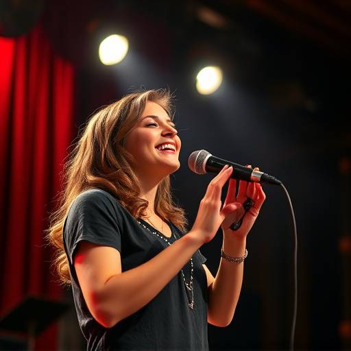 Photo de Chloé Martin, étudiante en théâtre musical, chantant sur scène avec une troupe.