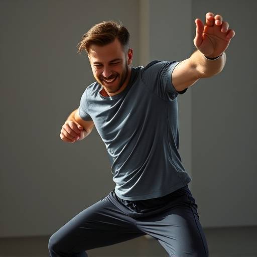 Portrait de Simon Dupuis, professeur de mouvement et d'expression corporelle, athlétique et énergique.